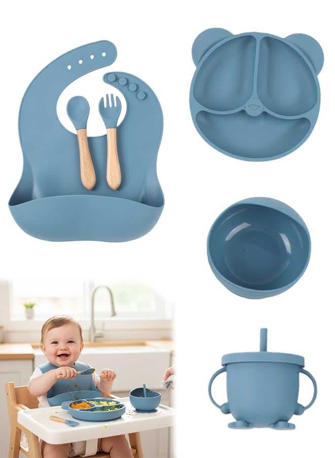 6-Pieces Silicone Baby Feeding Set, Baby Led Weaning Supplies with Suction Bowl and Divided Plate, Wooden Spoon and Fork, Sippy Cups, Toddler Tableware Set with Adjustable Soft Silicone Bib