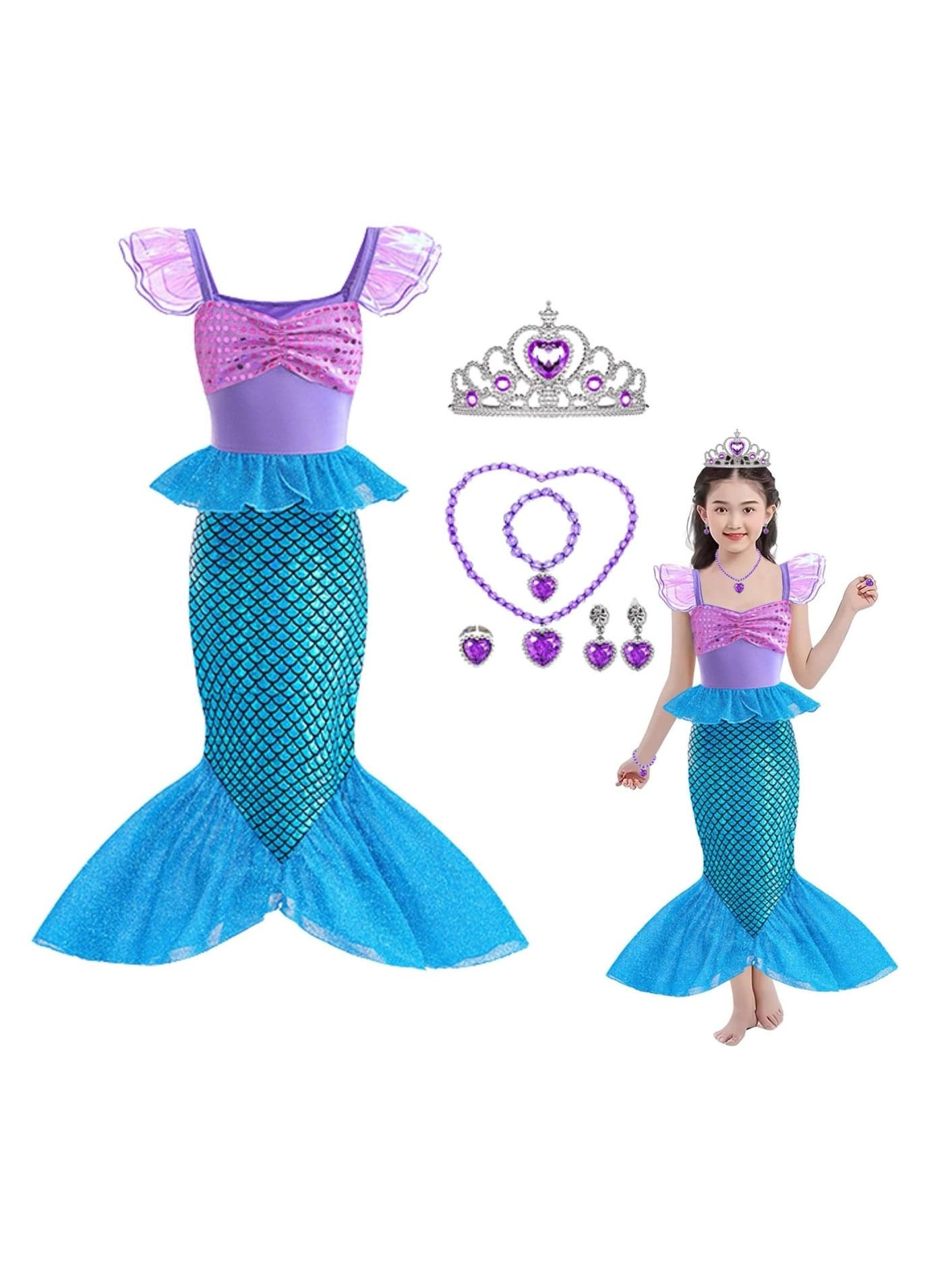 Home Smart Mermaid Princesses Queen Costume Dress for kid's Birthday Party Dress with Accessories Fairy-Tale Fancy Girl Dress for Party Favor and more. (Blue)