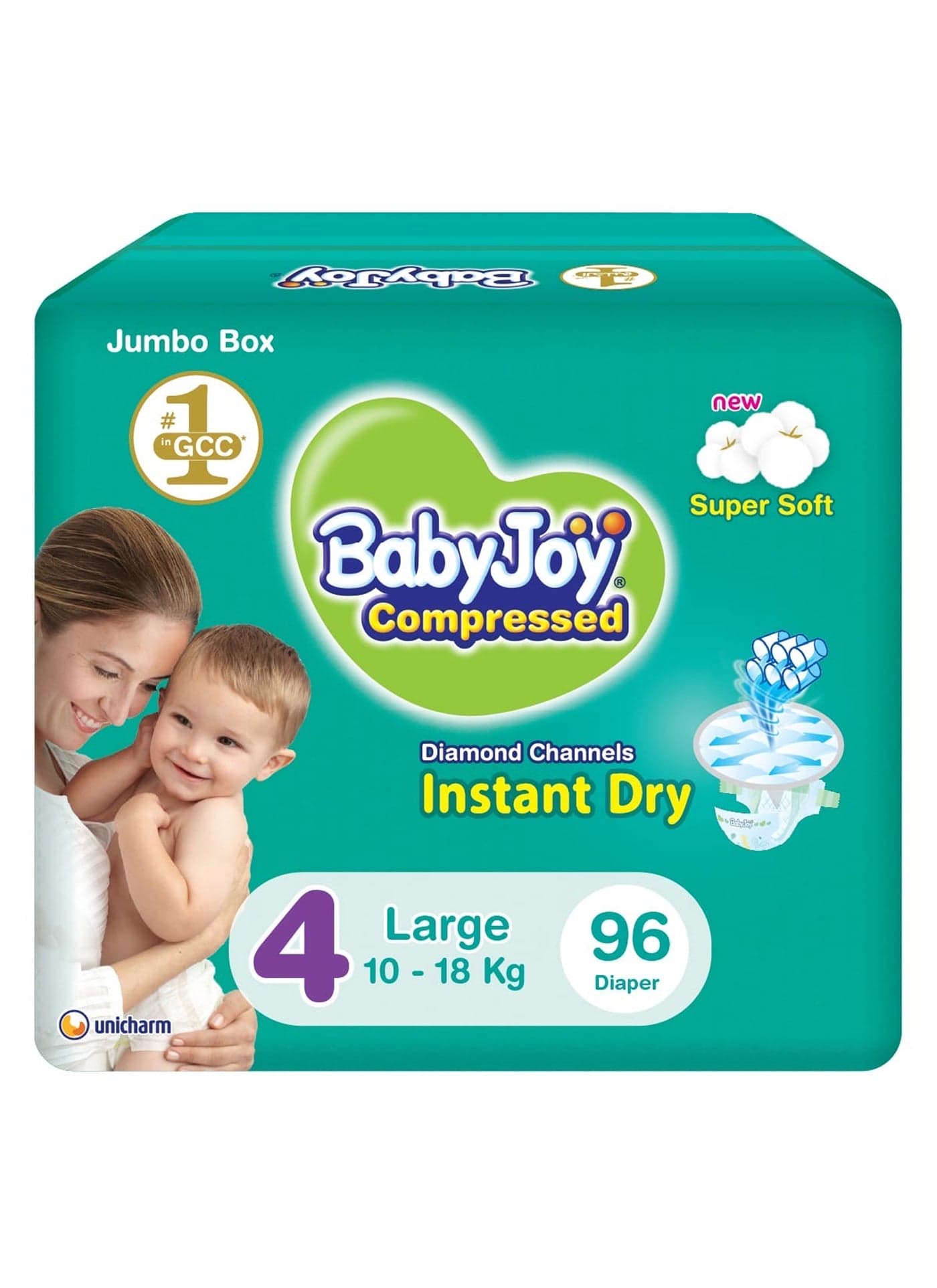 Compressed Diamond Pad Diaper, Size 4, Large, 10-18 Kg, Jumbo Box, 96 Diapers