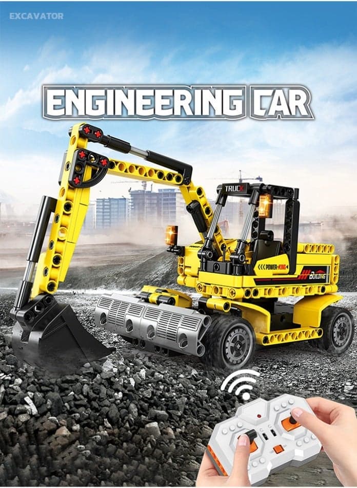 Remote Control Excavator Building Blocks Toy - 2.4GHz Multi-Functional Engineering Construction Truck with 360° Rotation & Movable Bucket, STEM Educational Set for Boys Kids Age 6+