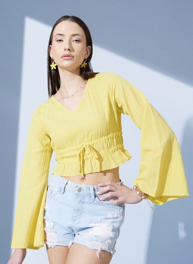 Yellow Striped Bell Sleeves Cinched Waist Crop Top for Women