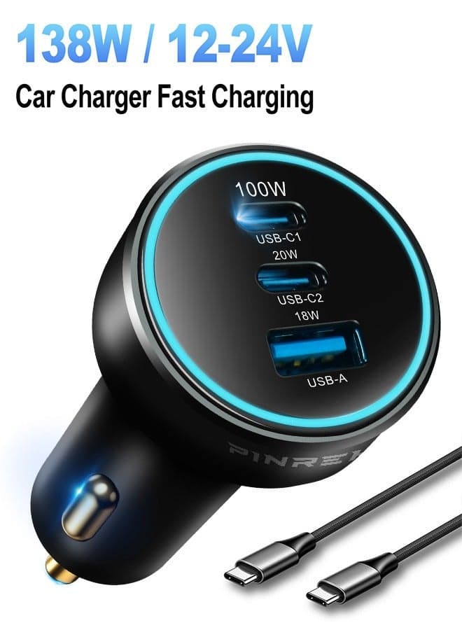 شاحن سيارة USB C بقوة 138 وات، محول شاحن سيارة PD من النوع C، محول شاحن هاتف سريع الشحن لهاتف iPhone 15 و15 Pro Max وGalaxy S24 Ultra وiPad وMacBook وHuawei والمزيد (مع كابل USB C بقوة 100 وات)