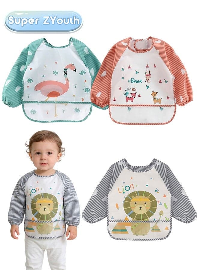 3 Pack Baby Long Sleeve Bibs, Waterproof Toddler Feeding Smock for 1-3 Years with Catch-All Pocket, Full Coverage Apron for Eating, Painting, Outdoor Play, Beach & Camping