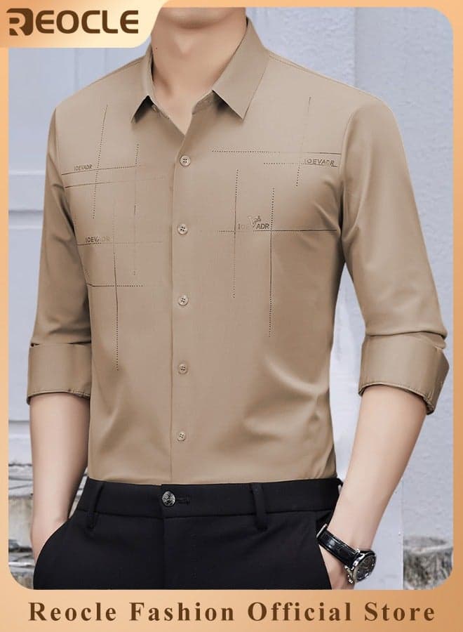 Men's Business Slim Fit Shirt Official Long Sleeve Stretch Dress Shirt Wrinkle-Free Regular Fit Button Down Shirts