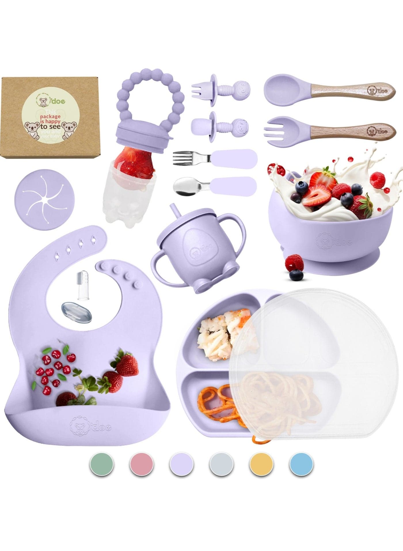 Baby Led Weaning Feeding Supplies for Toddlers, O'doe Baby Feeding Set | Suction Silicone Baby Bowl-Self Eating Utensils Set with Spoons, Bibs, Toddlers Spoon Set | Infant Food Plate Kit | Set of 17