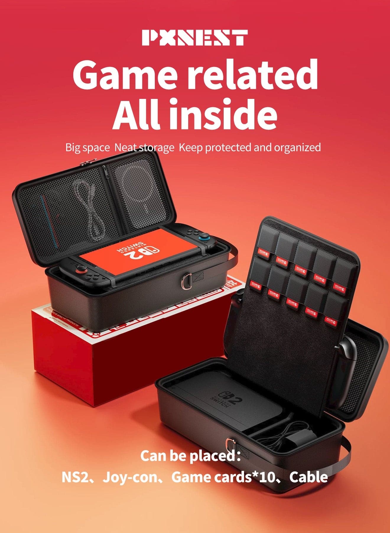 Switch 2 portable storage bag, large capacity, portable charger, built-in stand design, high-hardness EVA material, sturdy and durable, 10 game card slots, black