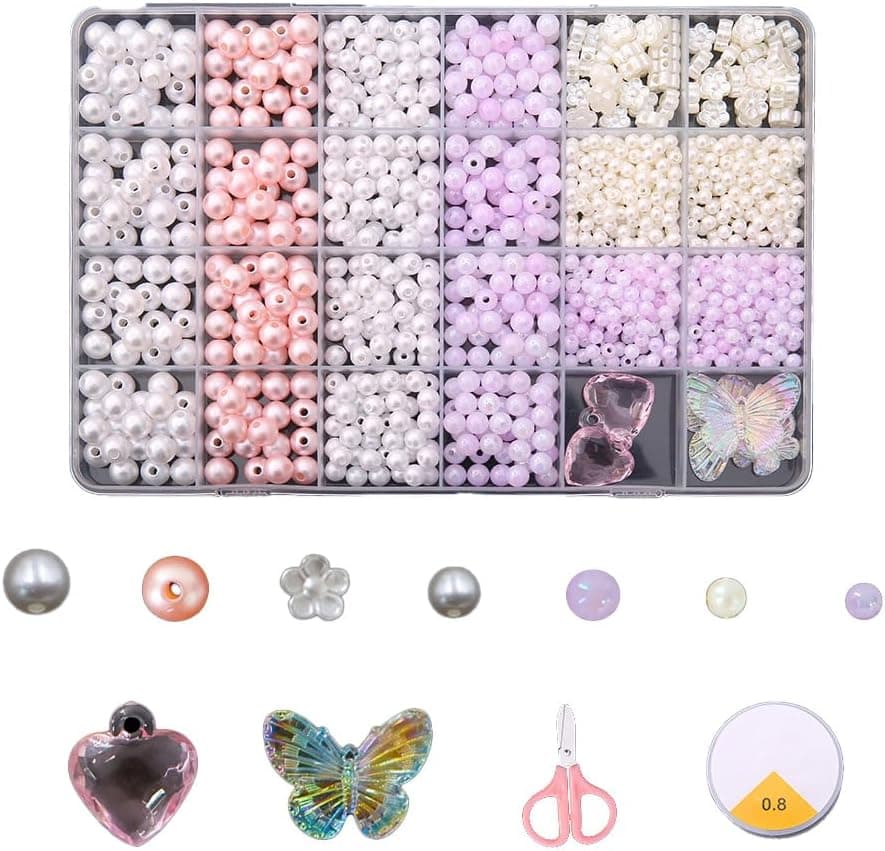 24 Grid Pearl Beads Bracelet Making Kit – 1030 PCS Imitation Pearl Beads in 24 Colors with Charms, Clasps, Strings & Storage Box | DIY Jewelry Craft Kit for Kids & Girls Ages 6–12