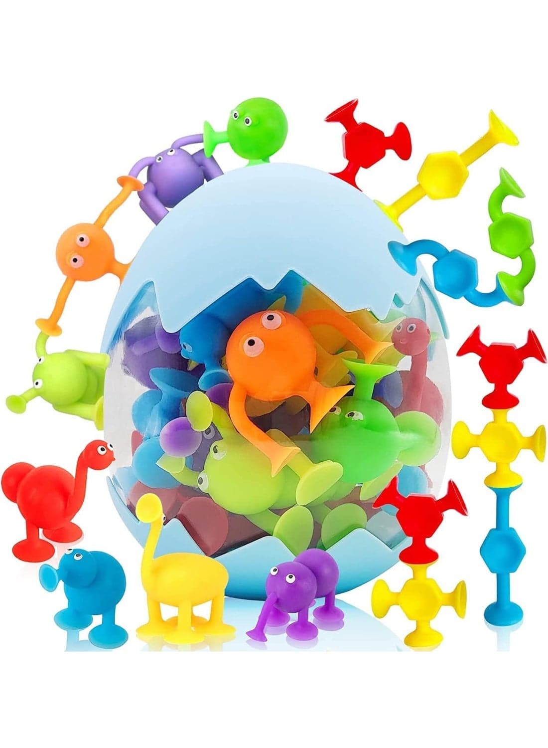 Suction Cup Toys 27 PCS Silicone Suction Bath Toys Travel Toys Window Toy for Kids Ages 3-8 Boys Girls Sensory Toys with Dinosaur Eggshell Storage