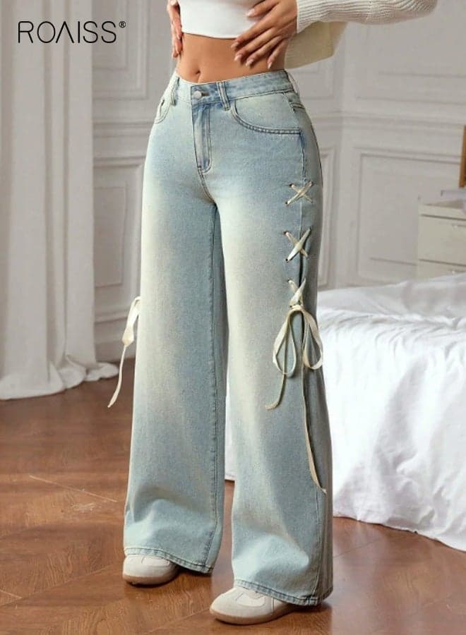 Women's High-Waisted Wide-Leg Denim Jeans Distressed Loose Straight Casual Pants with Ribbon Bow Decoration, Comfortable and Fashionable Design for Everyday Wear