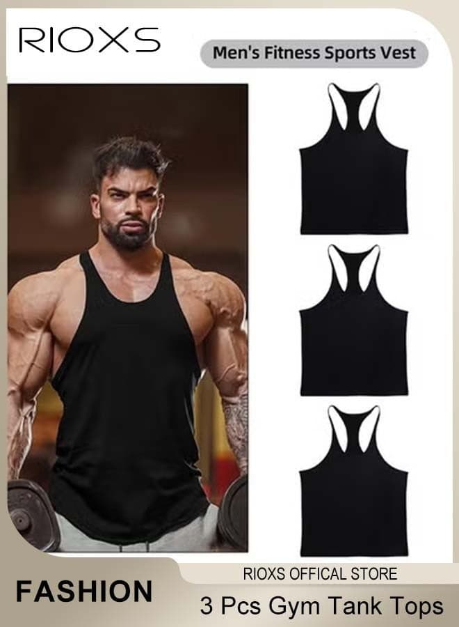 Men's 3 Pack Tank Tops, Workout Gym Y-Back Vest, Bodybuilding Stringer Tops, Muscle Fitness Athletic Stretch Quick Dry Top, Training Sleeveless T Shirts, Spaghetti Strap Muscle Underwear Vest, Athletic Summer Beach T Shirts