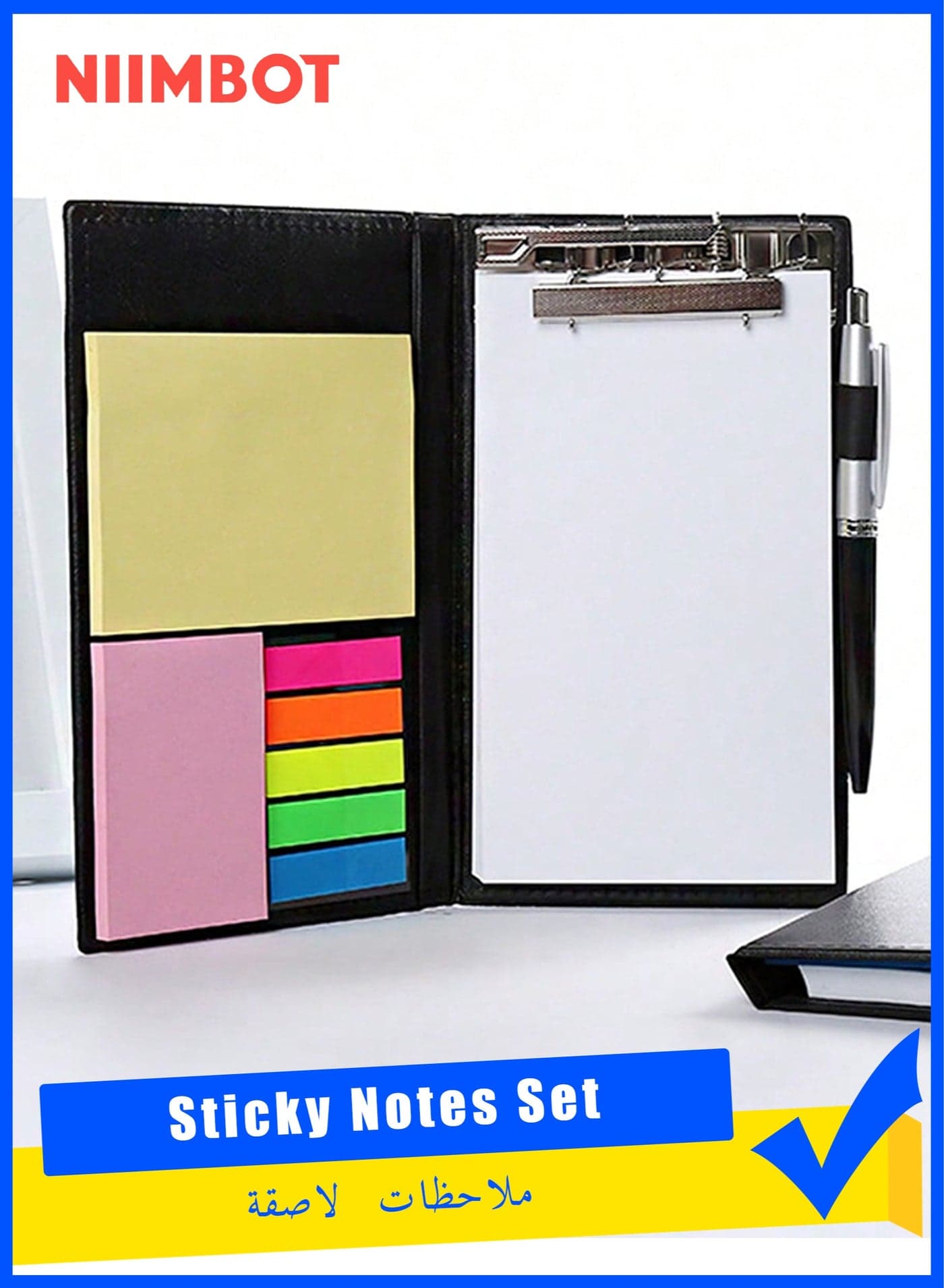 10-Piece Business Notepad Set, PU Leather Portfolio Folder with Ballpoint Pen, Blank Paper Notepad and Sticky Notes Pad, Index Tabs for Office Supplies, Compact Slim Notebook Cover for Teacher Student Gift, Black
