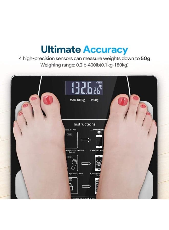 Weight Scale Smart Digital Body Analyzer with BMI, Body Fat & Body Composition Analysis, 180kg Capacity, Tempered Glass, LCD Display, Health Fitness Monitor, Includes 2 Batteries, Black