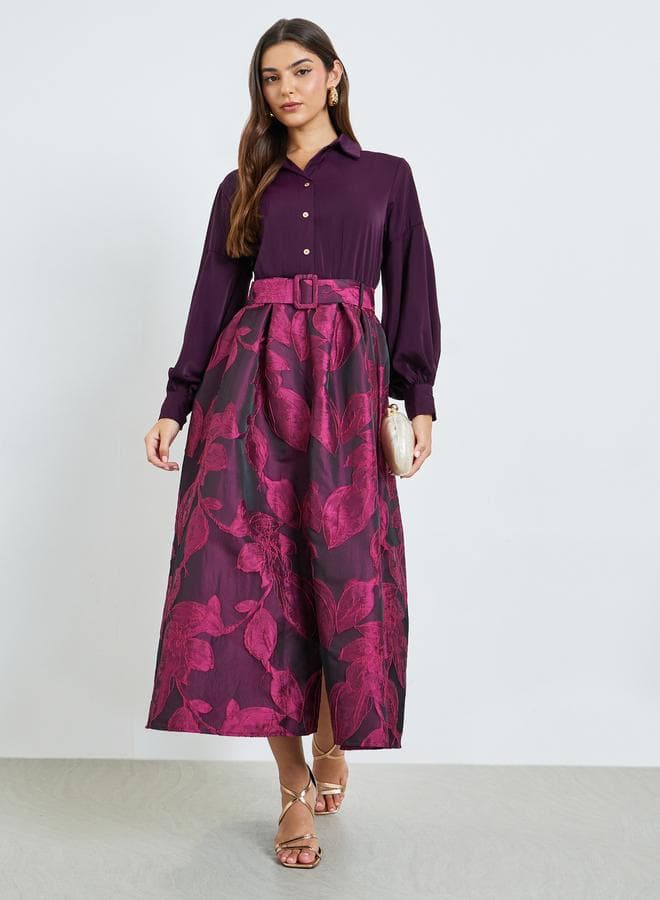 Purple Floral Jacquard Maxi Dress with Belt