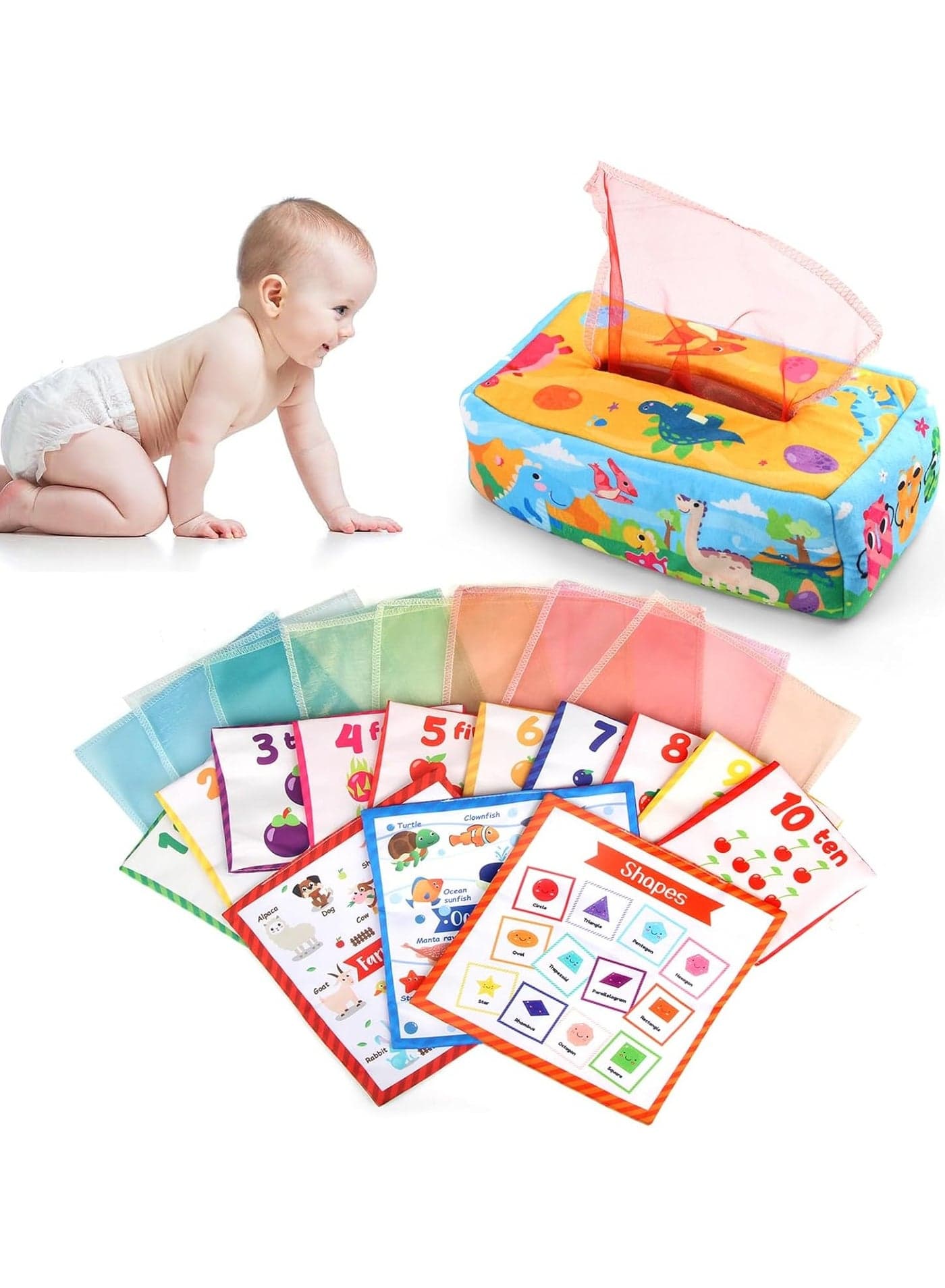 Baby Tissue Box Toy 0-12 Months, Montessori Toys with Soft Stuffed Crinkle Sensory Toys for 1 Year Old, Kids Learning Activity Box, Babies Boy Girl Developmental Gifts