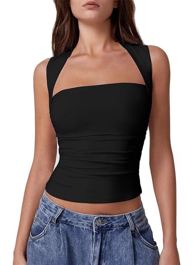 Womens Square Neck Tank Tops Side Ruched Double Lined Slim Fit Summer Going Out Crop Top