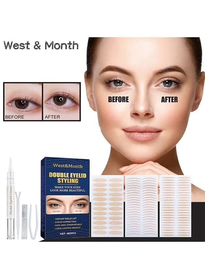 Double Eyelid Styling - Eyelid Tape,480pcs Eyelid Lifter Strips, Waterproof Double Eyelid Strips,Instant Eyelid Lift for Heavy Saggy, Uneven,Hooded, Mono-eyelids, with Fork Rods and Tweezers
