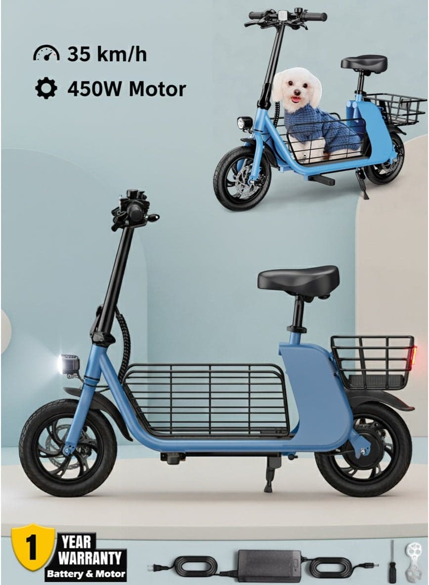 C2 Cargo Electric Scooter 450W Motor, 35KM/H Speed, 36V 8Ah Battery, 25–30KM Range, Aluminum Alloy Frame, Dual Disk Brakes, Large Front and Rear Storage Baskets, 12-Inch Tires – Ideal for Delivery, Commuting and Urban Rides