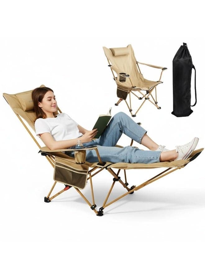Vestro Camping Chair, Foldable Portable Camping Chair with Up to 120KG Load Capacity, Side Storage Pocket & Cup Holder, 4 Adjustable Angle & Removable Footrest, Outdoor Camping Beach with Quick & Easy Setup, 600D Oxford Fabric, Anti-Slip Base, Soft Padded Headrest, Carry Bag Included, X Frame Stability, Carbon Steel Frame Material - Beige