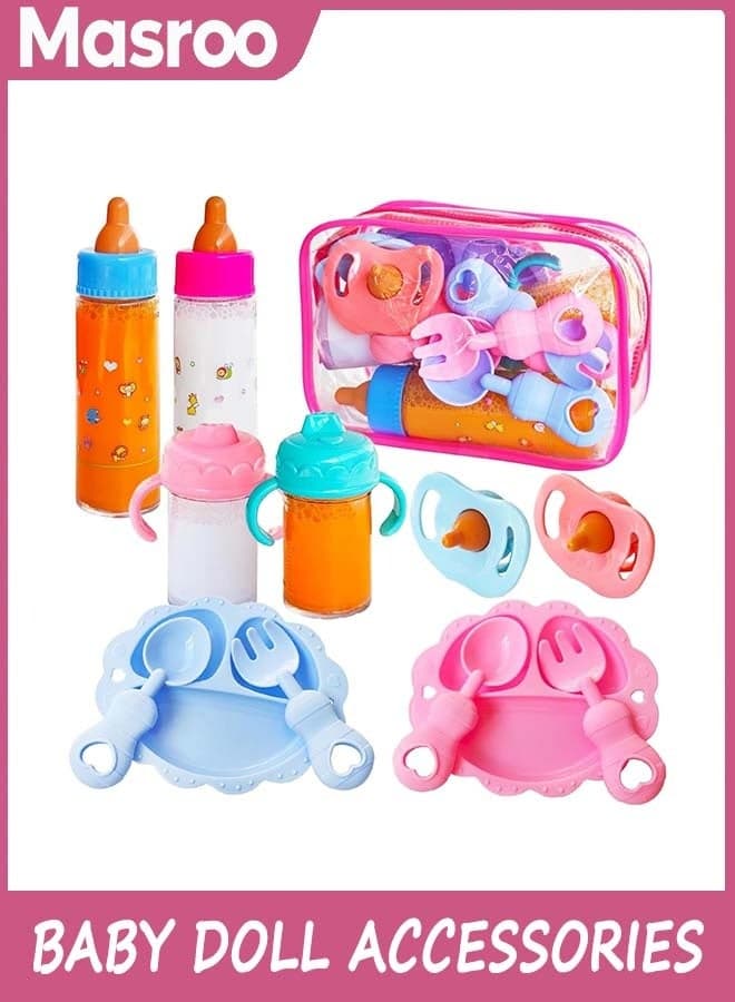 Baby Doll Accessories Magic Bottle set Magic Disappearing Milk Juice Bottles Sippy Cups with Pacifiers Bowl Spoons, Doll Bottle Toys Feeding Pretend Playset for Kids Girls Ages 3+
