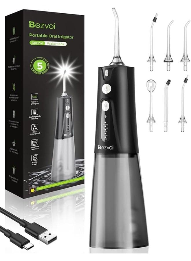 Water Flosser Teeth Pick: 5 Modes Cordless Water Dental Floss 300ML Portable Rechargeable IPX7 Waterproof Electric Water Flossing Cleaning Picks with 6 Jet Tips Oral Irrigator Cleaner, Black