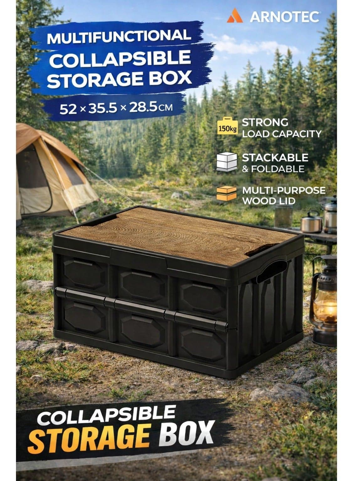 50L Collapsible Storage Box with Wooden Lid (52×35.5×28.5cm), Heavy-Duty Foldable Stackable Storage Bin for Home, Office, Car Trunk & Camping