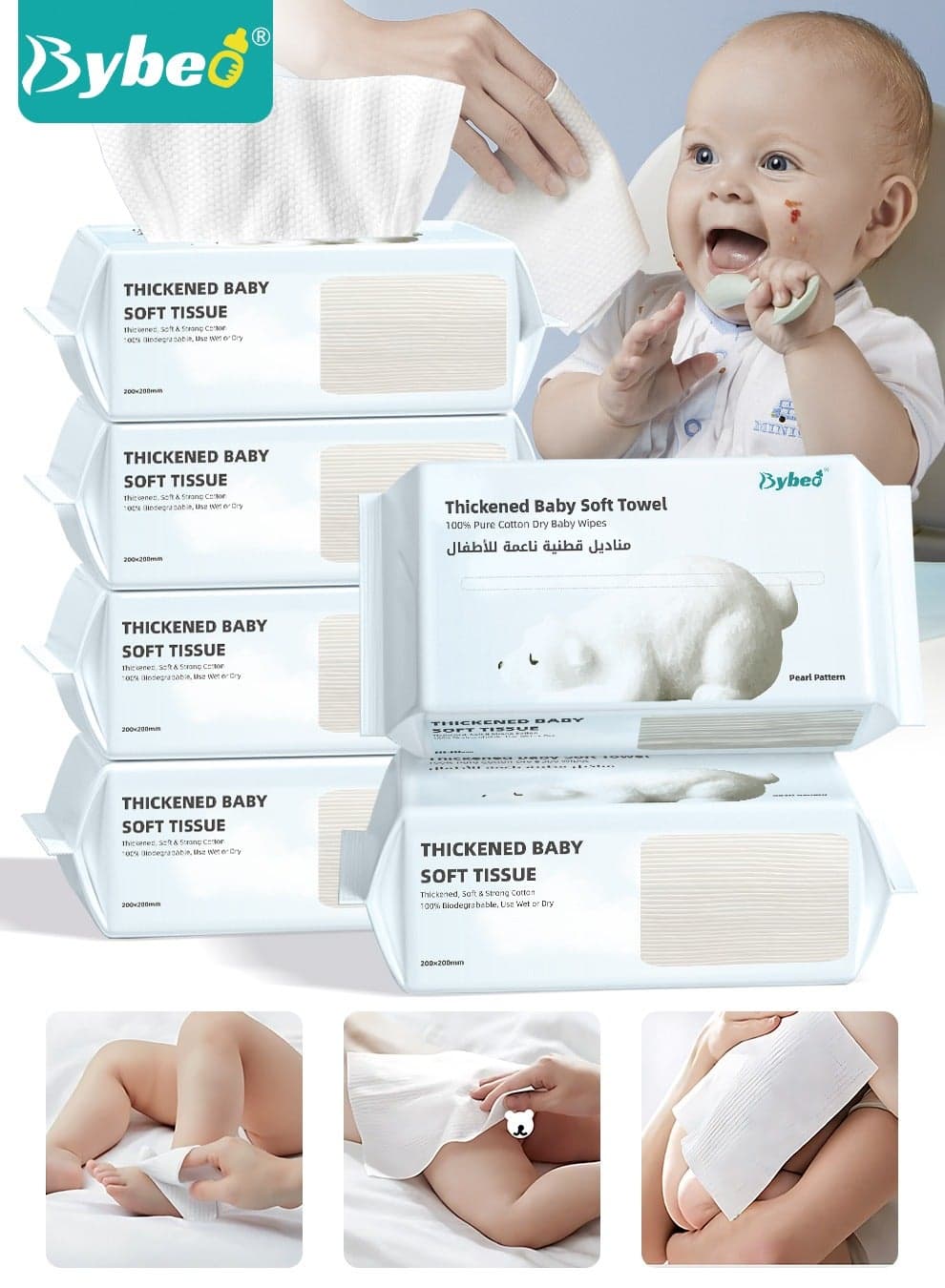 6 Bags Baby Cotton Tissue, Soft Baby Dry Wipe, Wet And Dry Use, Made Of Pure Cotton, 360 Count Unscented Disposable Facial Cotton Tissues