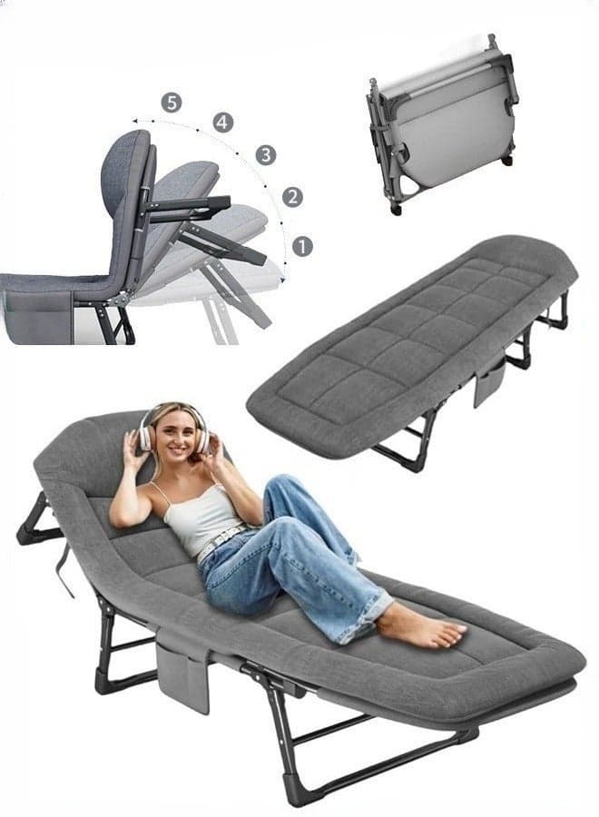 Portable Foldable Camping Bed, Adjustable Medical Bed, Comfortable Recliner Bed Lounger Chair, Single Sleeping Bed, Resting Bed, Adults Camping Cot for Outdoor Beach Office Grey 180*60cm