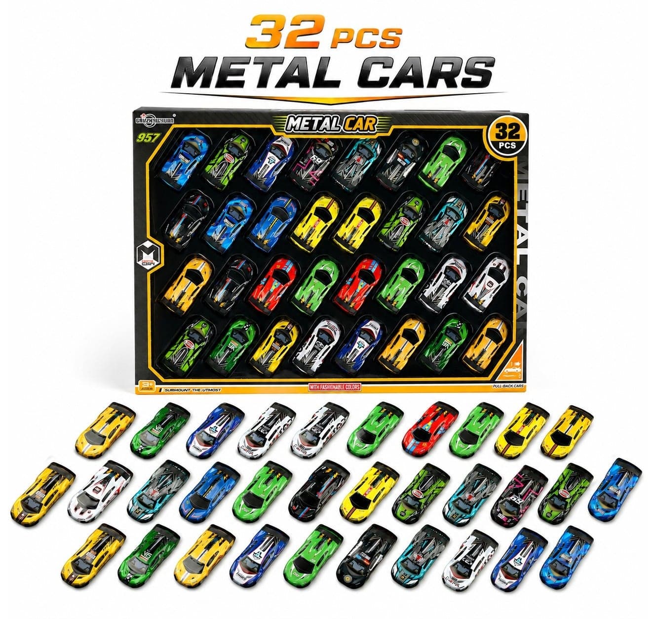 32PCS Alloy Pull Back Racing Cars Set, Diecast Metal Mini Cars with Random Selection from 24 Designs, Battery-Free High Speed Recoil Action Toy Collection for Kids, Gifts, Party Favors and Car Lovers