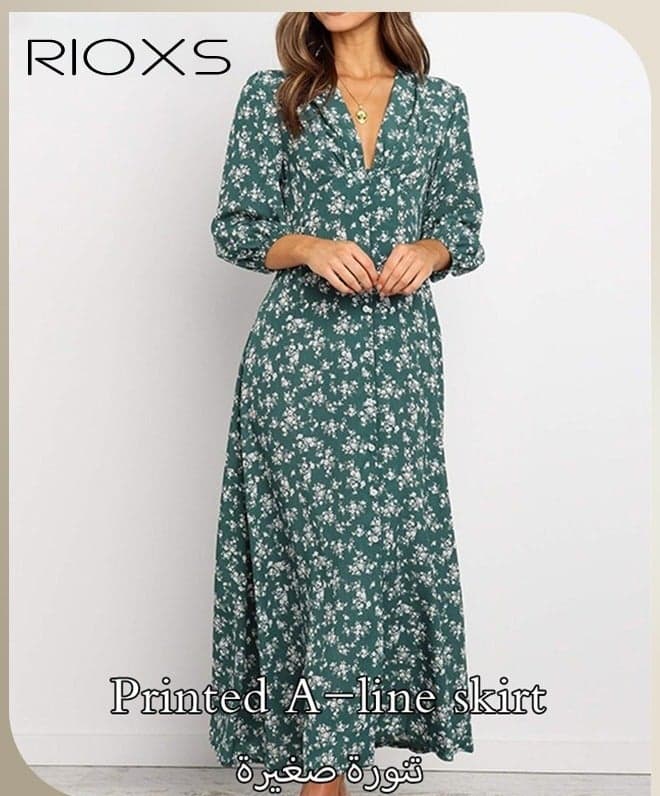 Women's V Neck Maxi Dress, 3/4 Length Sleeve Chiffon Floral Long Dress, Floral Printed A-Line Casual Button Polyester Long Skirt for Ladies, High Waist Summer Beach Dress for Travel, Vacation, Casual, Green