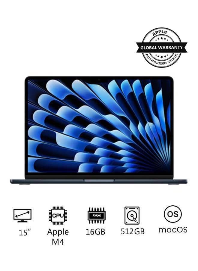 New 2025 MacBook Air MW1M3 15-Inch Display, Apple M4 Chip 10-Core CPU 10-Core GPU Processor/16GB RAM/512GB SSD/macOS(International Version) Midnight
