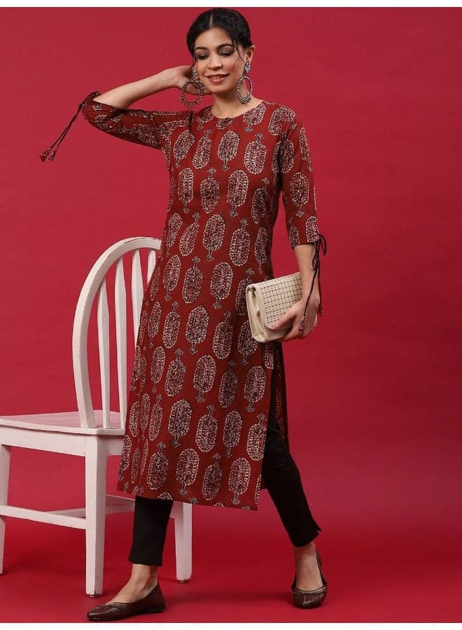 Maroon Printed Straight Kurta