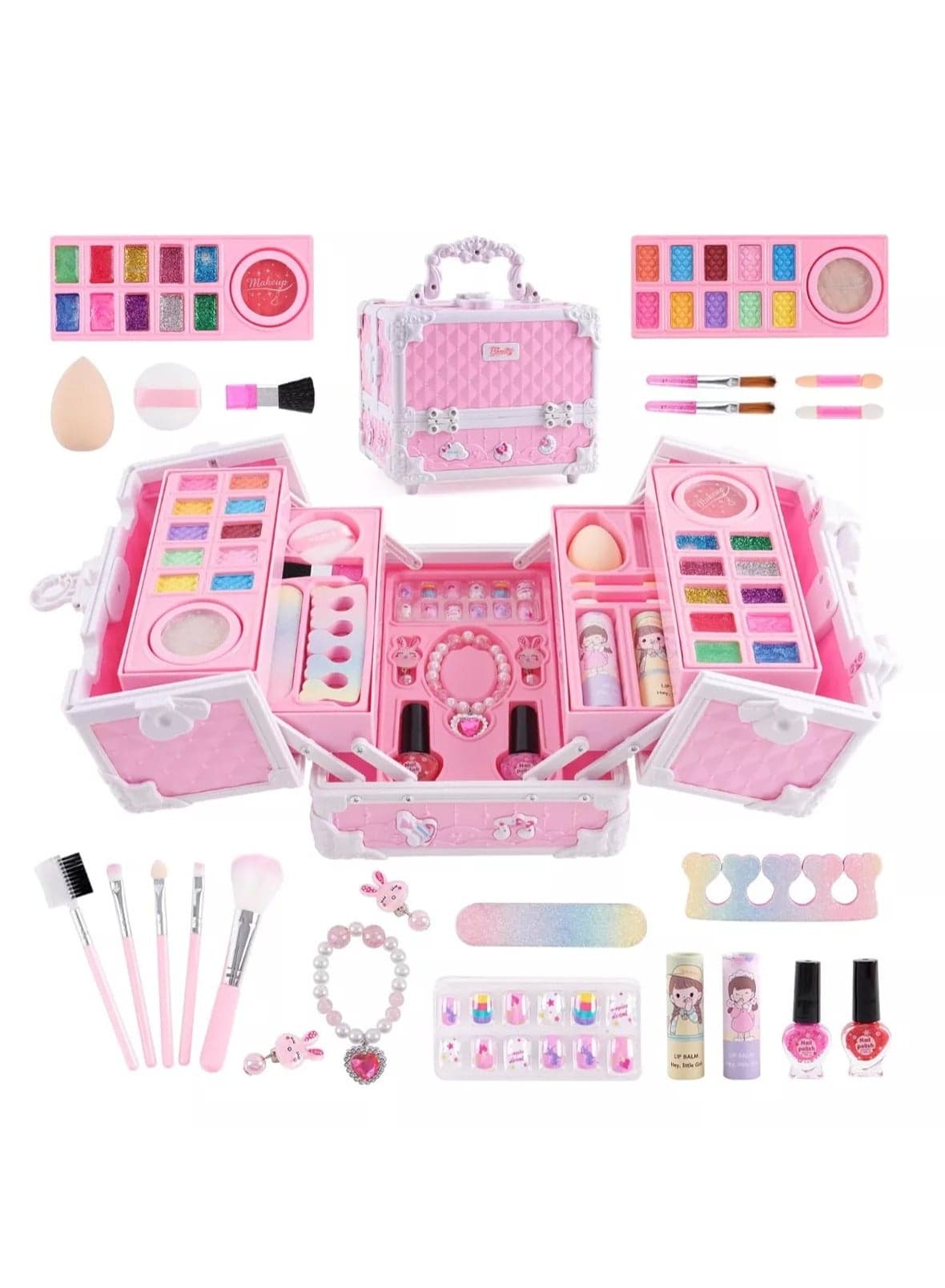 Kids Makeup Kit, Real Kids Makeup Set Washable Makeup Set Toys for Girls with Portable Makeup Box Including Lipstick, Eye Shadows, Nail Polish, Stickers and So On, Girls Toys for Girls Aged 3+ Year Old
