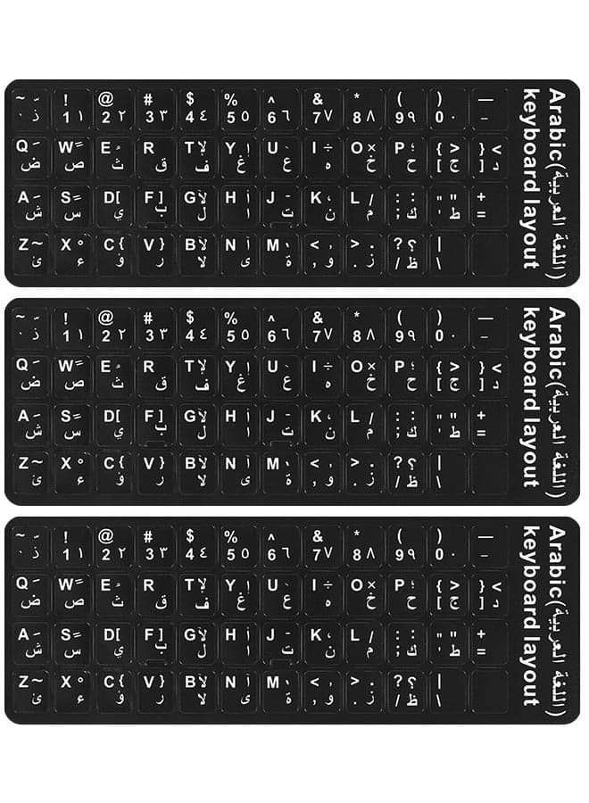 3-Pack Durable Arabic Keyboard Stickers, Dustproof, Waterproof, Strong Adhesion, Black Background with White Letters, for Laptops and Desktops (Arabic-Black)