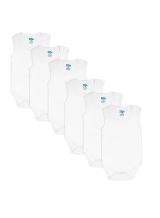 100% Super Combed Cotton, Sleeveless Romper/Bodysuit, For New Born To 24Months, Set Of 6 - White