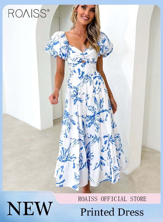 Fashionable Printed Puff Sleeve Dress Women's Large Square Collar High Waist Midi Dress with Floral or Geometric Patterns for Daily Commuting and Vacation Wear Comfortable Elegant Design