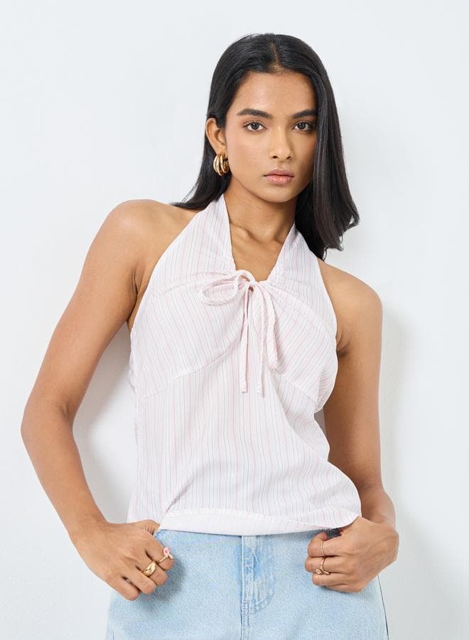 Take Two Striped Halter Neck Tie Up Detail Top