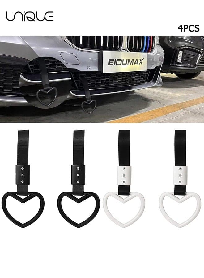 2 Pieces Heart-shaped Rings Car Handle Straps, Rear Bumper Warning Rings,Auto Grap Handle Warning Pull Ring, Heart Decor for Car, SUV, Subway, Bus (Black, White)