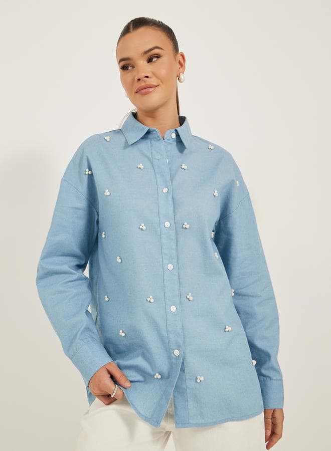 Faux Pearl Embellished Long Sleeve Loose Fit Shirt