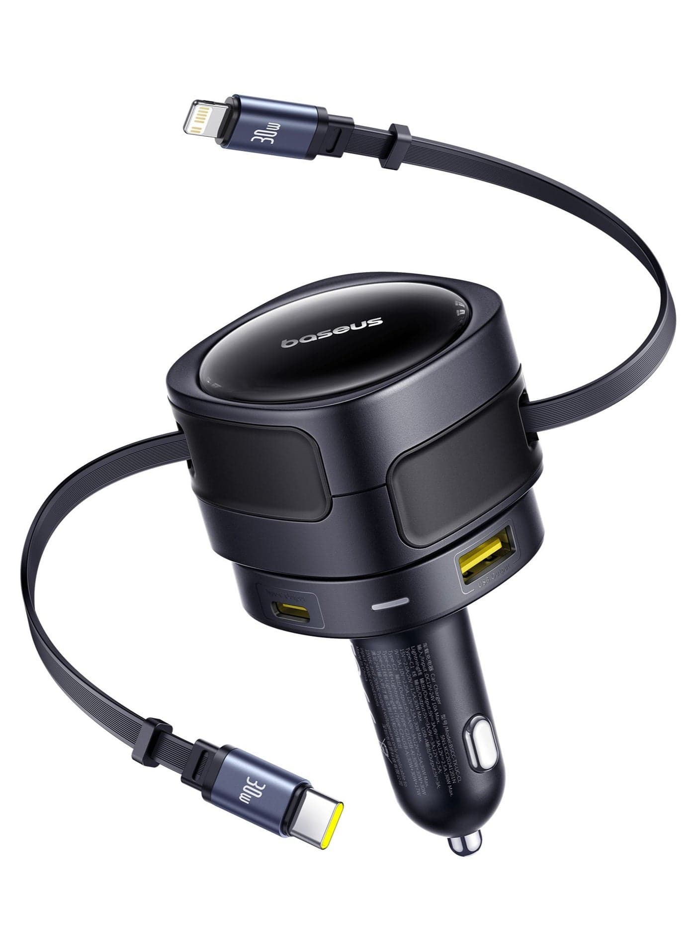 90W 4-in-1 Car Charger With Built-in Retractable Fast Charging USB-C And Lightning Cables – 180° Vertical Rotation, PD A QC 3.0 Car Charging Adapter With Dual USB-C, Lightning And USB-A Outputs – Compatible With iPhone 16/15/14 Pro Max, Samsung S25 Ultra, Android, iPad, Tablets And More Devices - 90W- Black