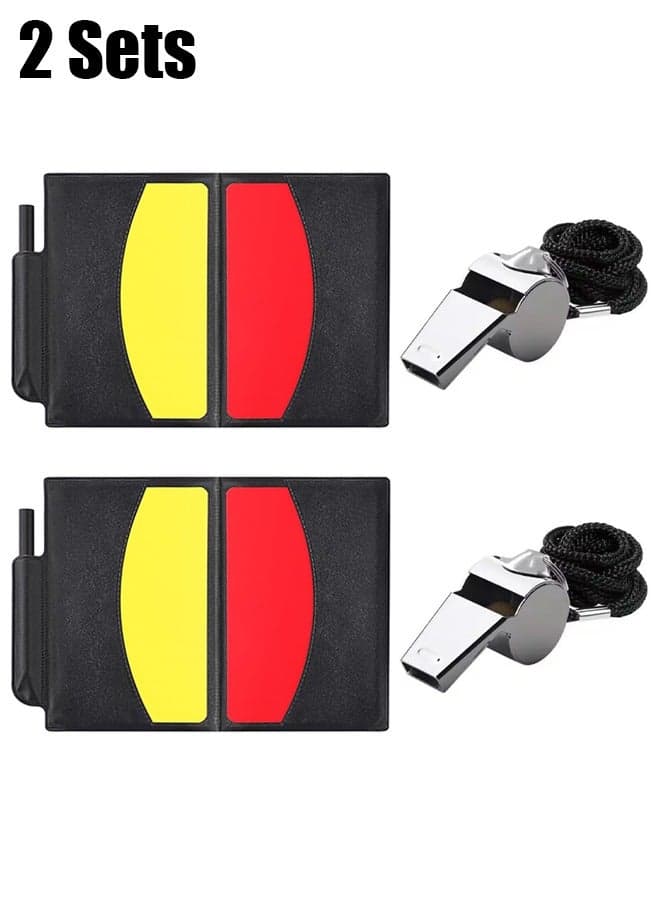 2 Sports Soccer Referee Card Set Red Card Yellow Card with 2 Pieces Metal Referee Whistles