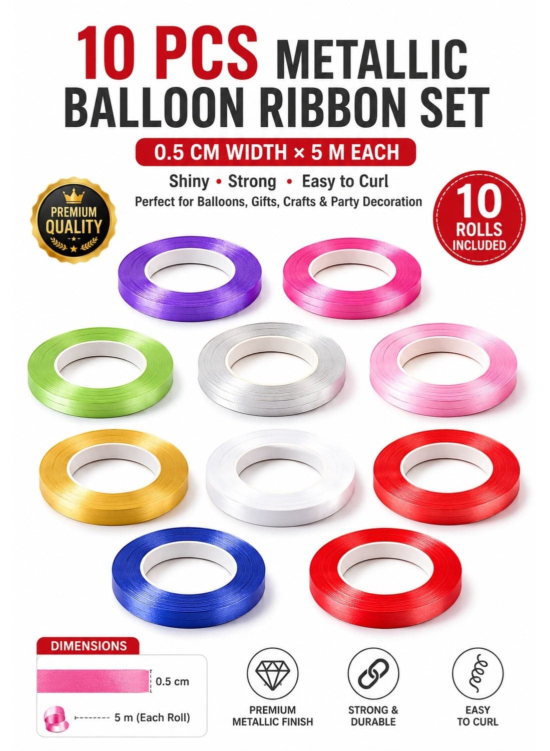 Shiny Metallic Balloon String Rolls 10 Rolls 0.5 cm 5m Each Perfect for Crafts Weddings Birthdays and More