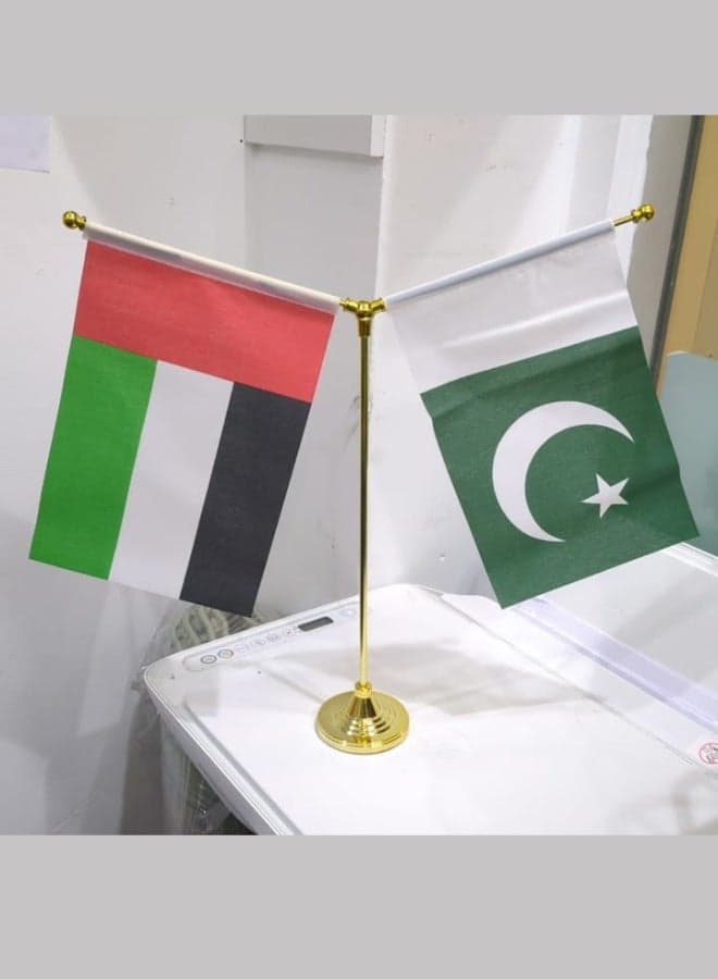 Desktop Flag Holder Desk Small Flag Stand Base Y Shape Double Mini UAE - Pakistan Flags Pole Office School Conference Table Decoration Gold