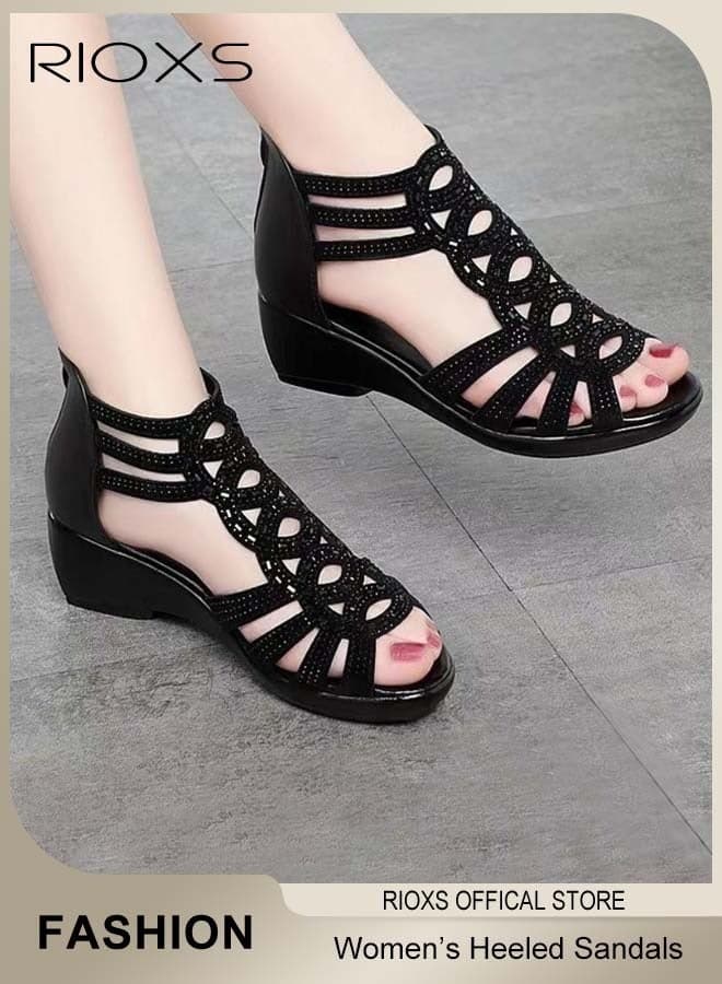 Women's Wedge Sandals, Open-toe Platform Sandals High Heels for Ladies, Fashion Rhinestone Strappy Sandals, Ladies Lightweight Non-Slip Fish Mouth Hollow Roman Shoes with Back Zipper for Daily Wear/ Special Occasions, Black
