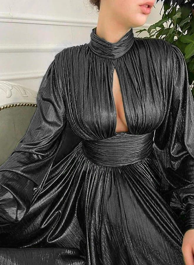 Women's Evening Party Night Prom Dress Metal Color Stand Hollow Out Long Lantern Sleeve Pleated A Line Maxi Dress