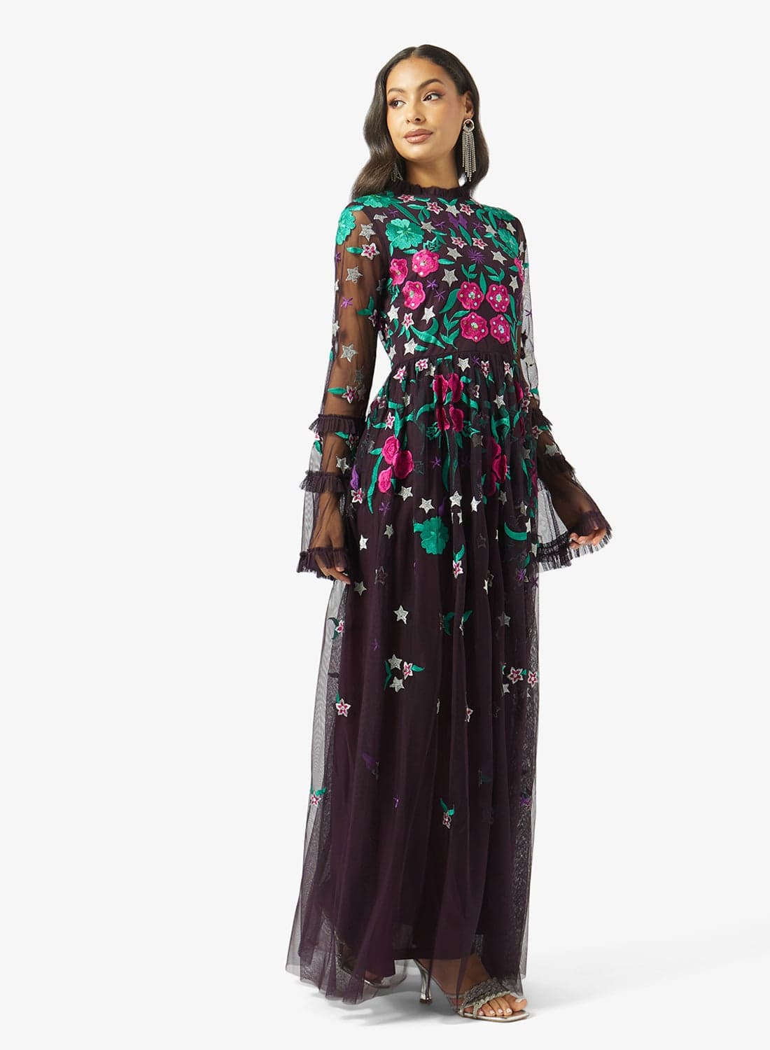 Embellished Frilled Sleeve Maxi Dress