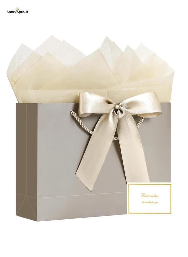 2PCS Champagne Color Large Gift Bags, Paper Bags with Ribbon, Greeting Cards and Tissue Paper, Portable Party Bags with Handles, Birthday Gift Bags, Present Bags for Wedding Party, Party Supplies