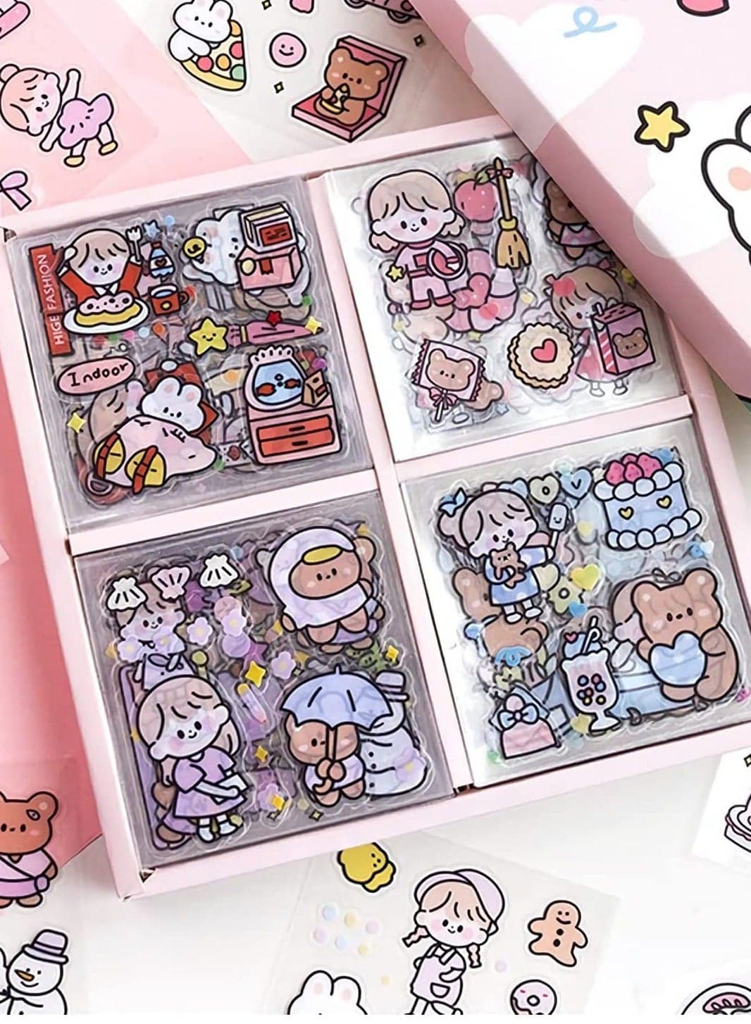 Stickers Set, 100 Sheets 600+ Small Pieces Cute PET Transparent Cartoon Character Animal Flower Decorative Scrapbook Sticker Decal for DIY Arts Crafts, Album, Planners, Calendars and Notebook