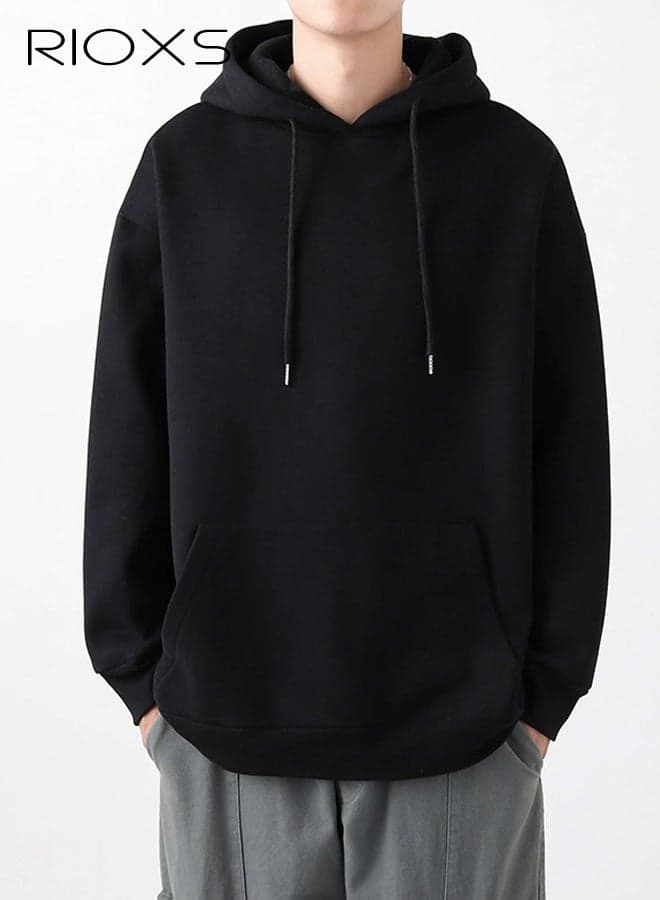 Men's Hoodies, Trendy Loose Fit Long Sleeve Hooded Sweatshirts for Men, Casual Lightweight Pullover Hoodies with Pockets, Comfortable Drawsting Winter Fall Outfits for Office, Party, School, Running, Sport, Gym and More, Black