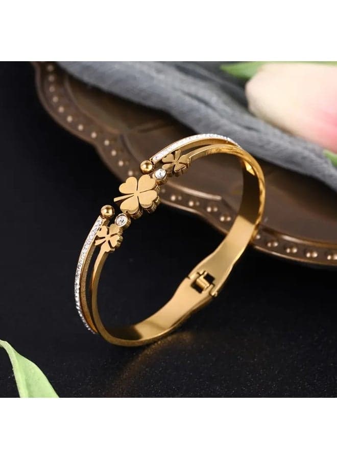 Four Leaf Clovers Bangle Bracelet For Women – Fashionable Stainless Steel, Lucky Clover Design, Daily Wear/Lucky Charm, Adjustable Size