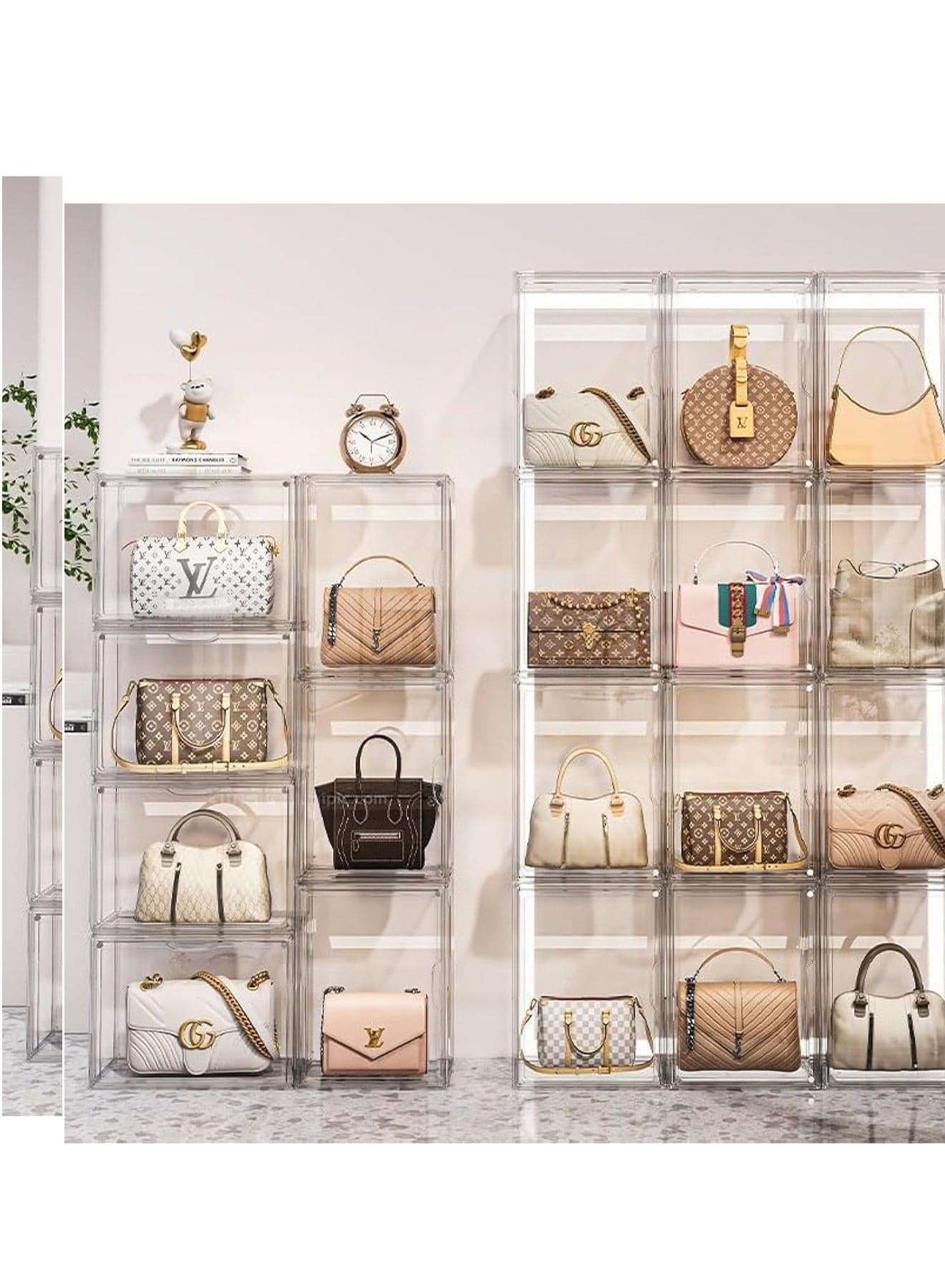 Handbag Storage Organizer for Closet Acrylic Display Box Stackable Storage with Magnetic Door for Figure Hat Toys Books and Bags